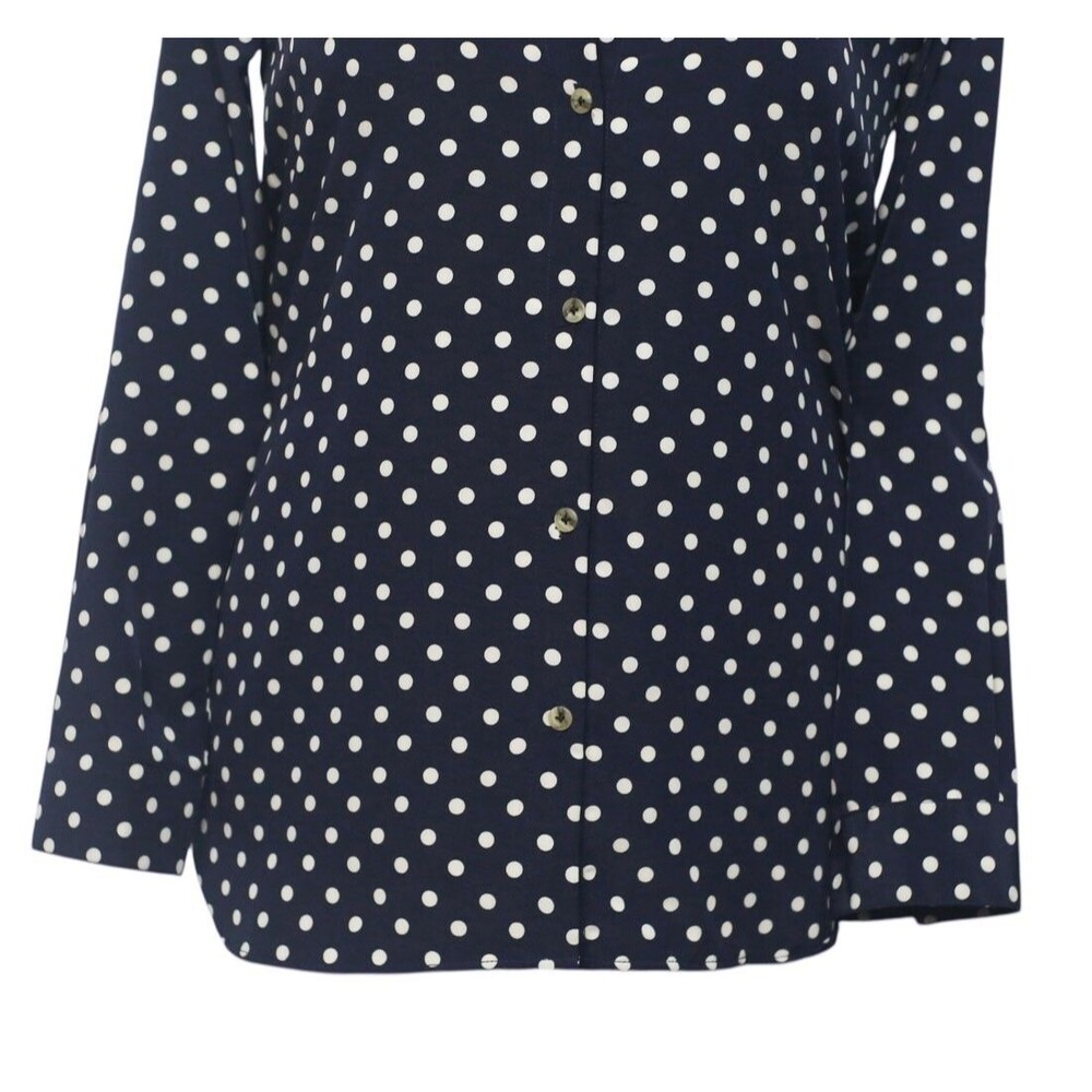 Womens Silky Satin Shirt Blue Polka Dot Blouse Button Up Dressy Top Medium Work - Picture 5 of 7